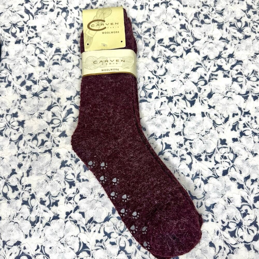 VTG Carven Woolwork Maroon Lounge Socks Anti Slip Paw Prints Vintage Rare Unique